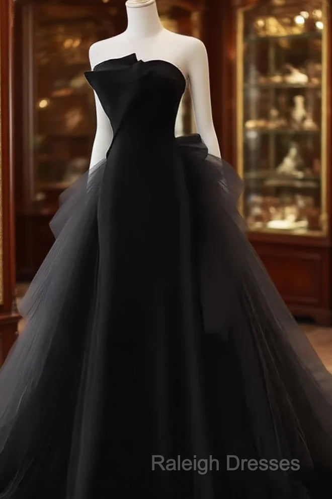 Vintage Sheath Strapless Satin Black Tulle Long Prom Dress Formal Dresses Main image