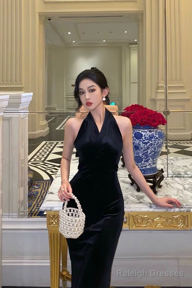 Vintage Sheath V Neckline Black Velvet Long Prom Dresses Evening Gowns