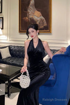 Vintage Sheath V Neckline Black Velvet Long Prom Dresses Evening Gowns