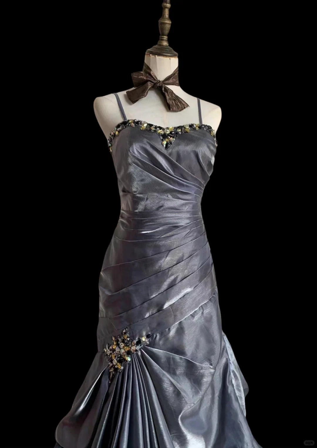 Vintage Grey Mermaid Spaghetti Strap Satin Train Formal Prom Dress