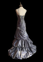 Vintage Grey Mermaid Spaghetti Strap Satin Train Formal Prom Dress