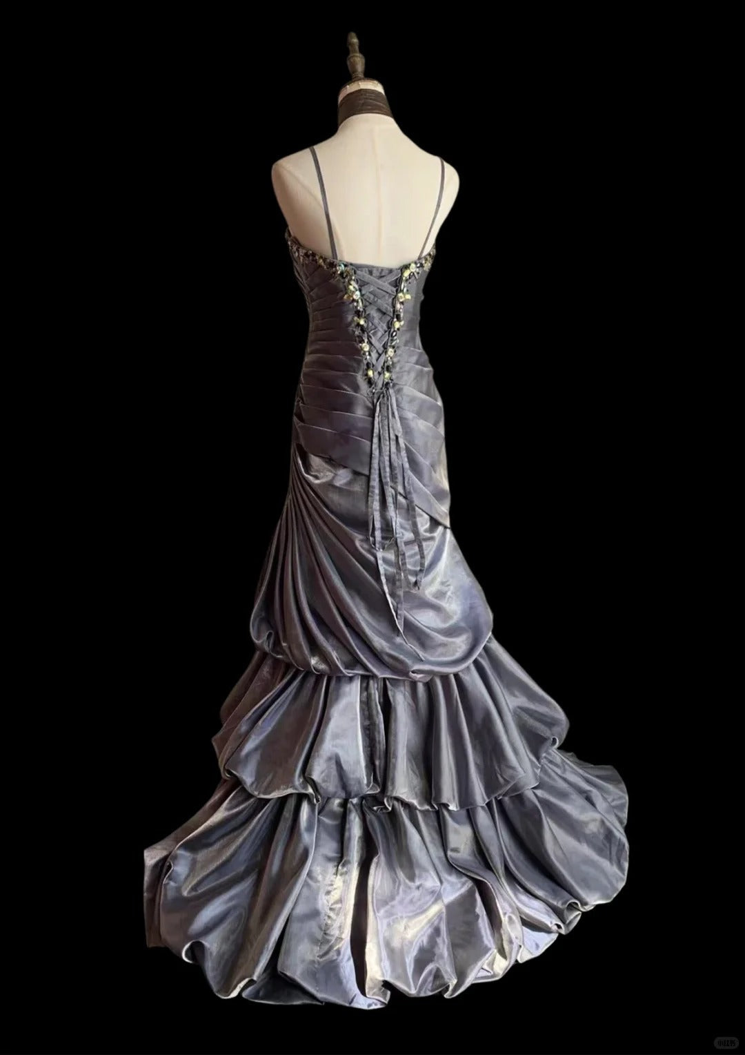 Vintage Grey Mermaid Spaghetti Strap Satin Train Formal Prom Dress