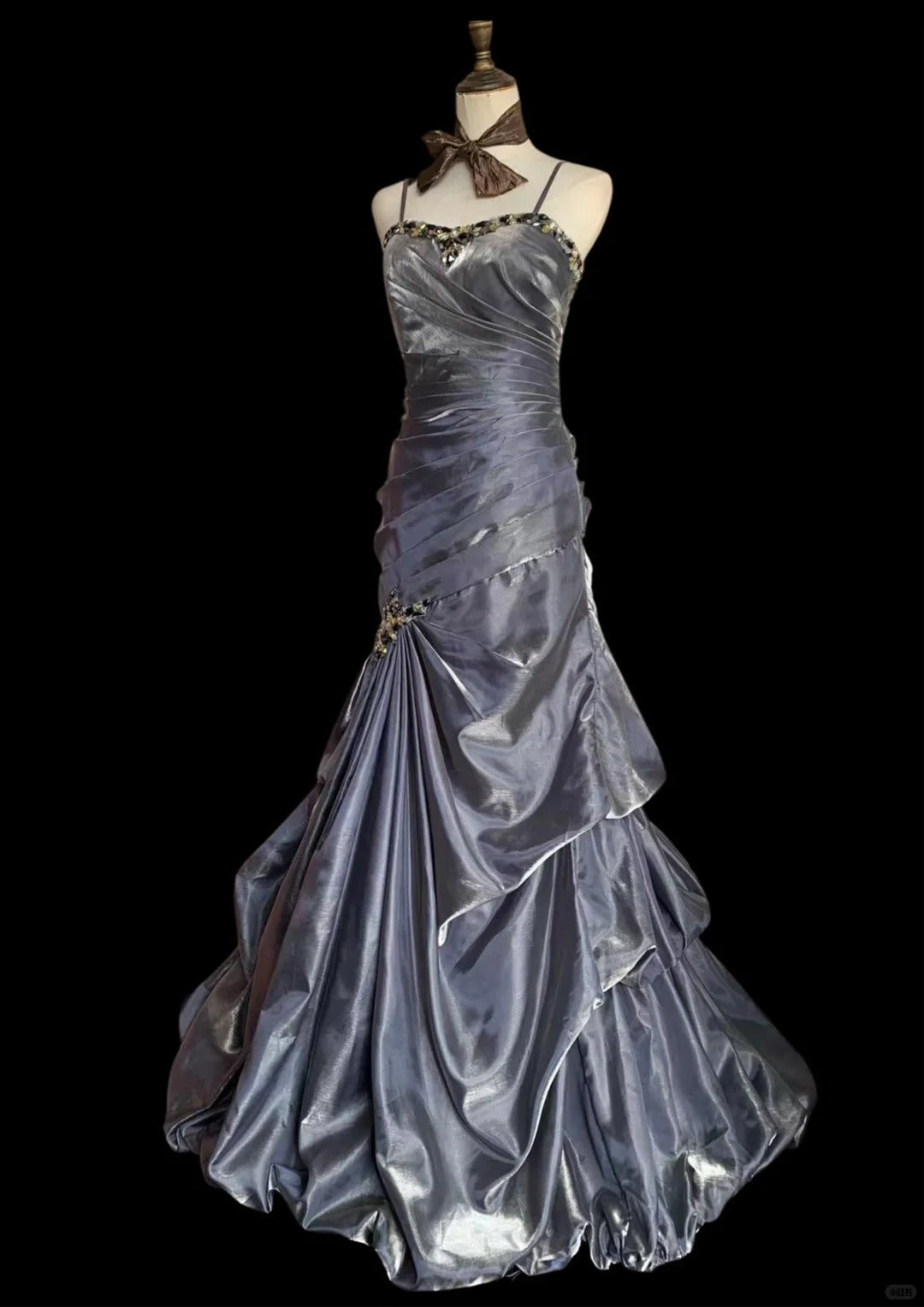 Vintage Grey Mermaid Spaghetti Strap Satin Train Formal Prom Dress Main image