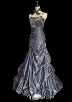 Vintage Grey Mermaid Spaghetti Strap Satin Train Formal Prom Dress