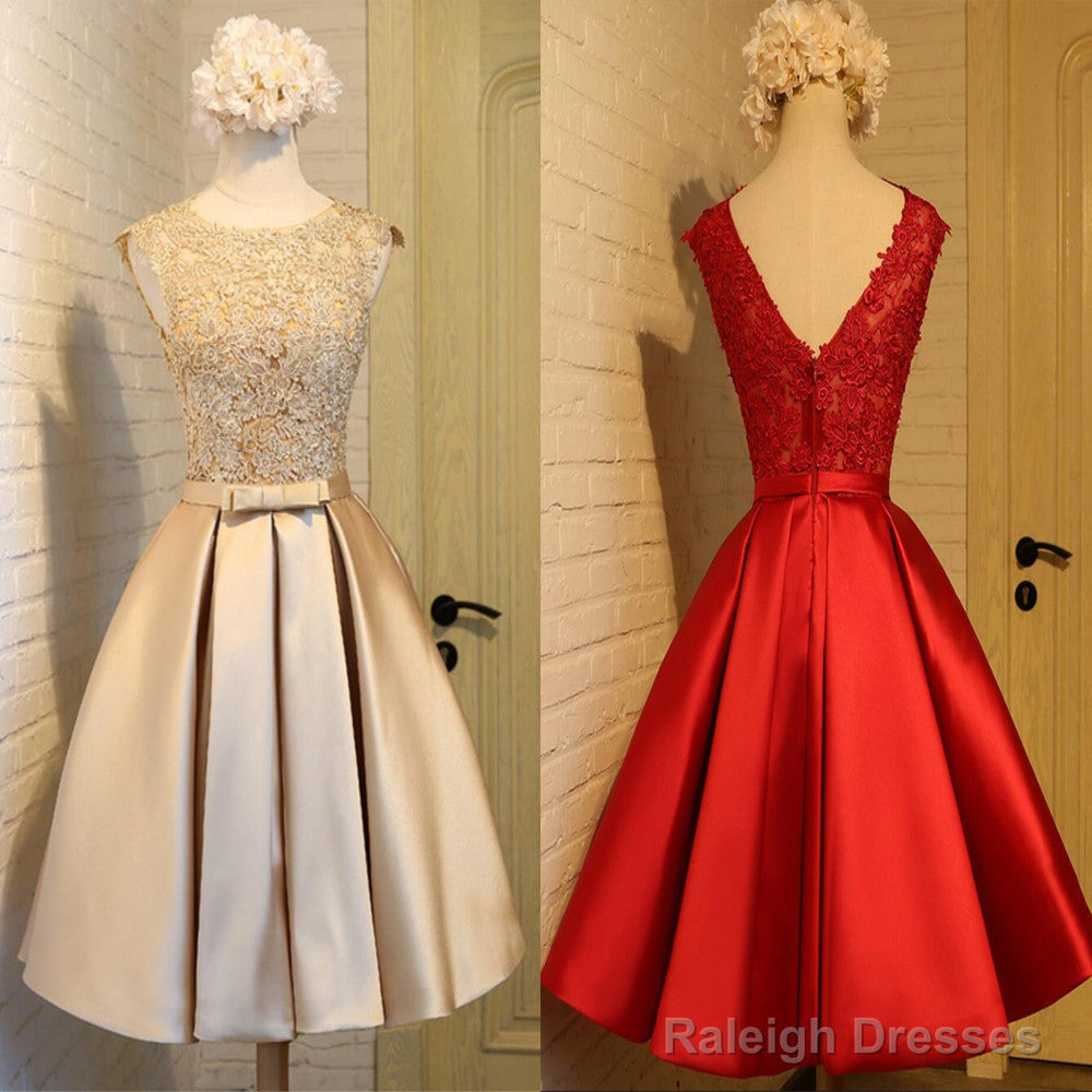 Vintage Sleeveless Appliques Satin Skirt V-Back A-Line Knee Length  For Teen Homecoming Dress Main image