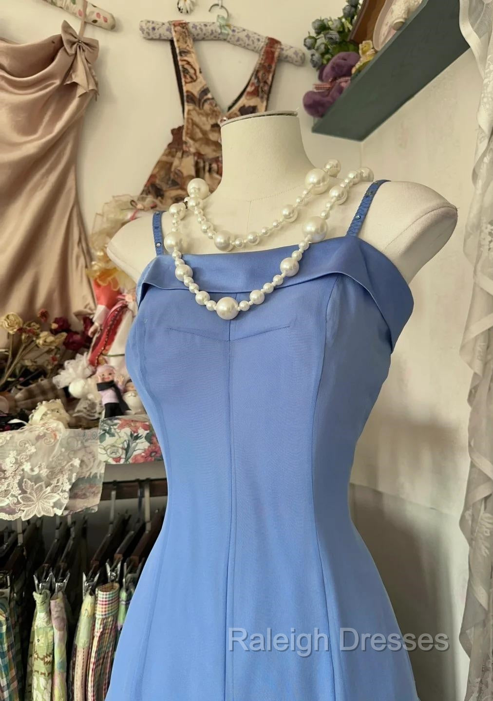 Vintage Soft Blue Spaghetti Strap A-Line Chiffon Birthday Prom Dress Pretty Graduation Dress