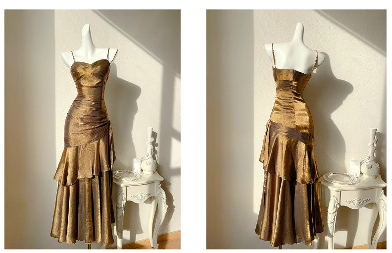 Vintage Spaghetti Straps Blue Chiffon Satin Ruffles Prom Dress Long Fairytale Prom Dress