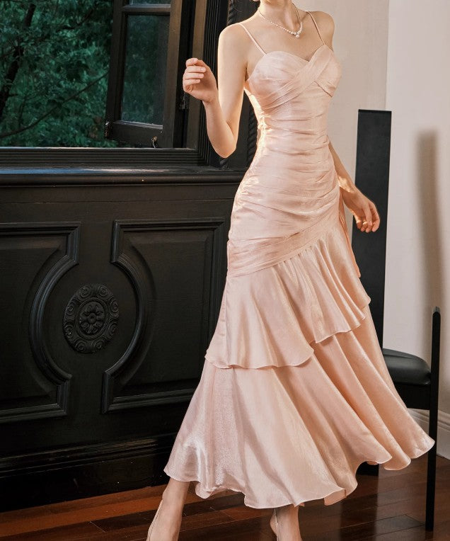 Vintage Spaghetti Straps Blue Chiffon Satin Ruffles Prom Dress Long Fairytale Prom Dress
