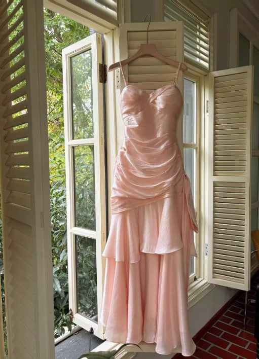Vintage Spaghetti Straps Blue Chiffon Satin Ruffles Prom Dress Long Fairytale Prom Dress