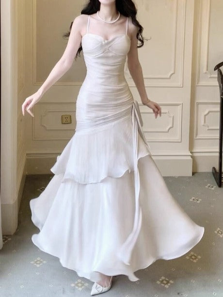 Vintage Spaghetti Straps Blue Chiffon Satin Ruffles Prom Dress Long Fairytale Prom Dress