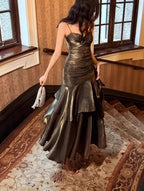 Vintage Spaghetti Straps Blue Chiffon Satin Ruffles Prom Dress Long Fairytale Prom Dress