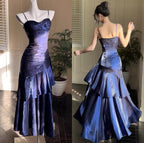 Vintage Spaghetti Straps Blue Chiffon Satin Ruffles Prom Dress Long Fairytale Prom Dress