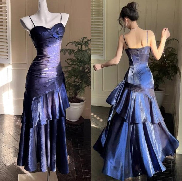 Vintage Spaghetti Straps Blue Chiffon Satin Ruffles Prom Dress Long Fairytale Prom Dress