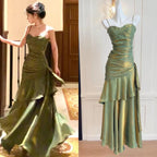 Vintage Spaghetti Straps Blue Chiffon Satin Ruffles Prom Dress Long Fairytale Prom Dress