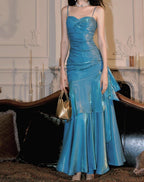 Vintage Spaghetti Straps Blue Chiffon Satin Ruffles Prom Dress Long Fairytale Prom Dress