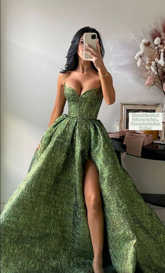 Vintage Spaghetti Straps Green Prom Dresses Long Prom Dress