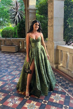 Vintage Spaghetti Straps Green Prom Dresses Long Prom Dress
