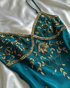 Vintage Spaghetti Straps Sheath Prom Dress Long Beaded Chiffon Teal Prom Dress