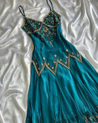 Vintage Spaghetti Straps Sheath Prom Dress Long Beaded Chiffon Teal Prom Dress
