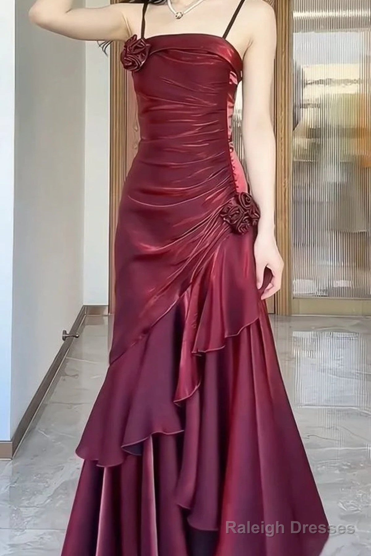 Vintage Square Neckline Wine Red Party Dress, Wine Red Spaghetti Straps Prom Dress Secondary image