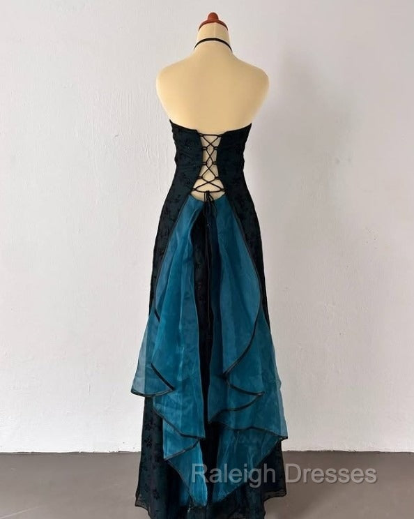 Vintage Strapless Blue Satin Sleeveless Black Tulle Beaded Ball Dress Birthday Evening Dress