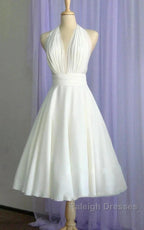 Vintage Tea-Length Chiffon Wedding Dress With Halter Neck And Bow