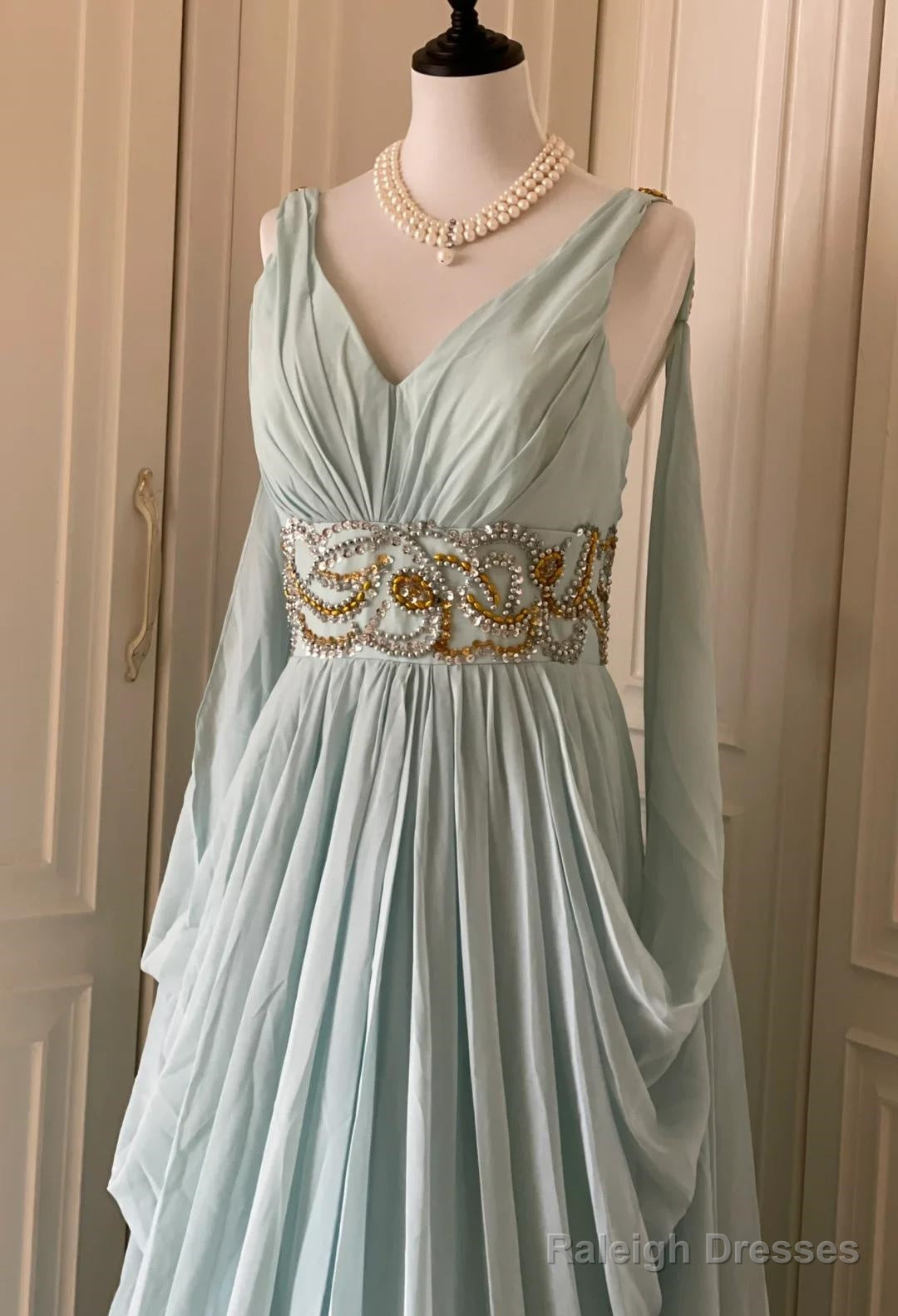 Vintage Tiffany Blue V-Neck A-Line Beaded Chiffon Long Prom Dress Evening Dress Wedding Dress Secondary image