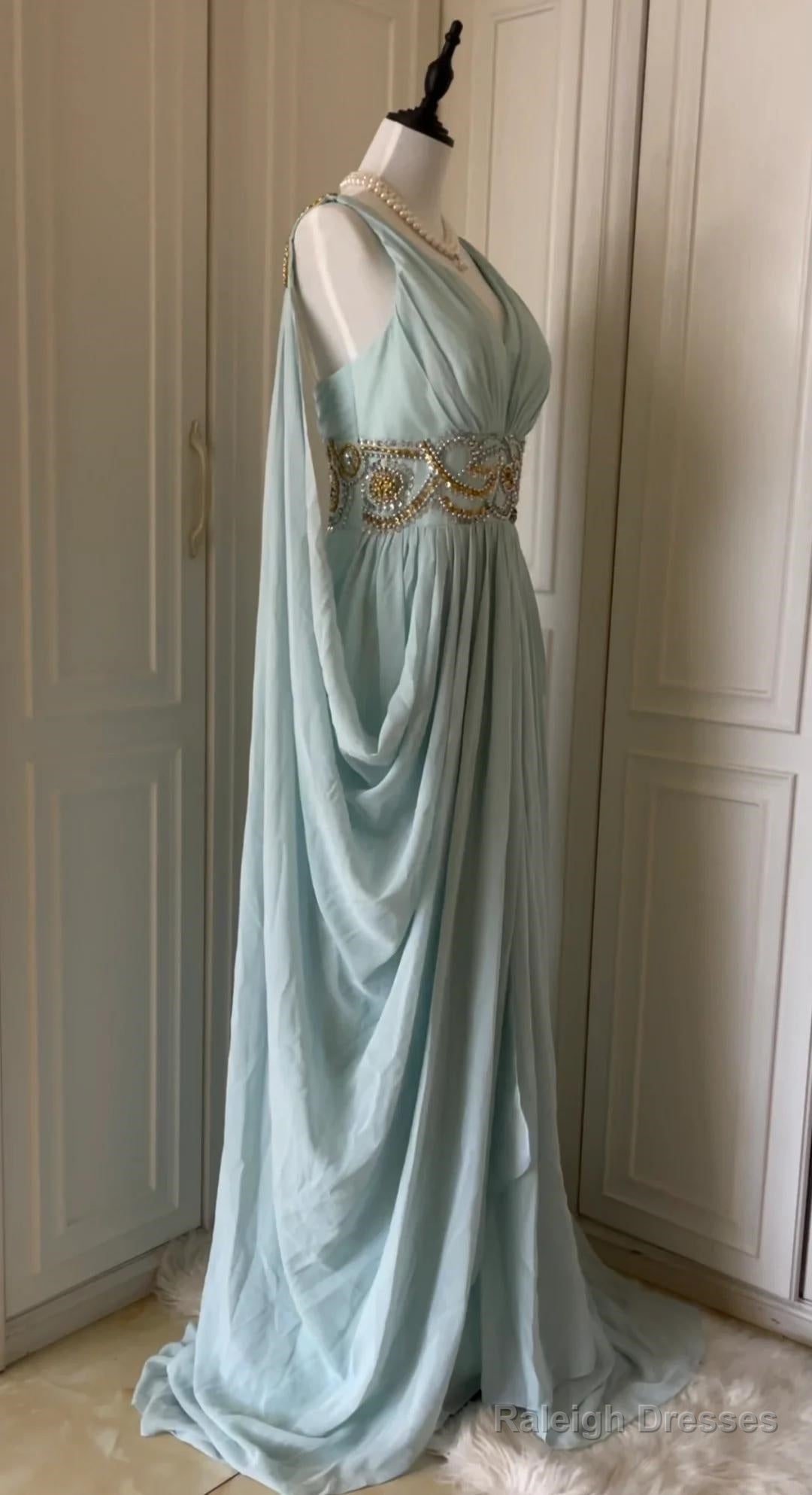 Vintage Tiffany Blue V-Neck A-Line Beaded Chiffon Prom Dresses Long Prom Dresses Wedding Dresses