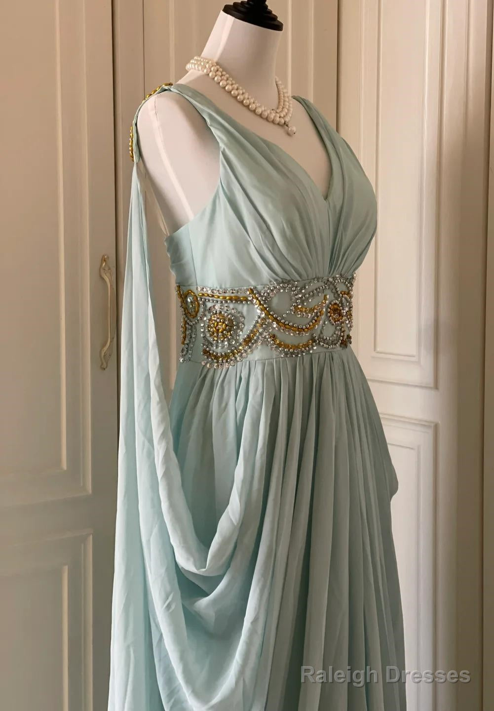 Vintage Tiffany Blue V-Neck A-Line Beaded Chiffon Prom Dresses Long Prom Dresses Wedding Dresses