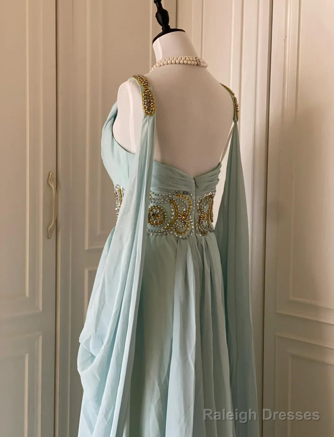 Vintage Tiffany Blue V-Neck A-Line Beaded Chiffon Long Prom Dress Evening Dress Wedding Dress