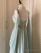 Vintage Tiffany Blue V-Neck A-Line Beaded Chiffon Prom Dresses Long Prom Dresses Wedding Dresses