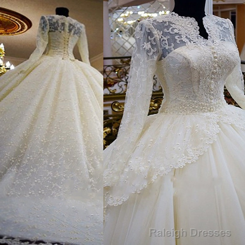 Vintage Unique Gorgeous Ball Gowns Full Ivory Lace Beading Long Sleeve Elegant Lace Up Back Wedding Dresses Main image