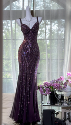Vintage V Neck Dark Purple Chiffon Sequin Mermaid Long Prom Gowns Prom Dresses