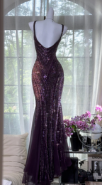 Vintage V Neck Dark Purple Chiffon Sequin Mermaid Long Prom Gowns Prom Dresses