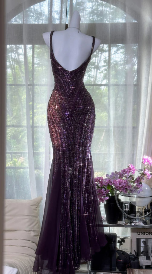 Vintage V Neck Dark Purple Chiffon Sequin Mermaid Long Prom Gowns Prom Dresses