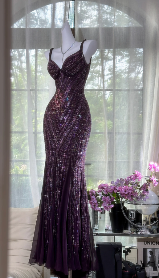 Vintage V Neck Dark Purple Chiffon Sequin Mermaid Long Prom Gowns Prom Dresses