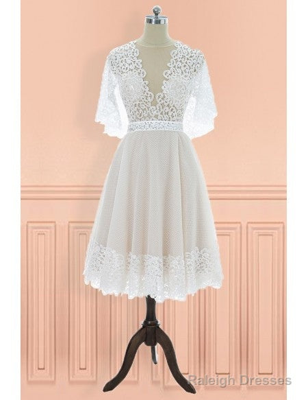 Vintage V-Neck Lace Knee Length Wedding Dress With Sleeves Main image