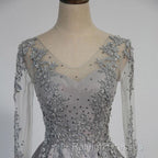 Vintage V-Neck Long Sleeves Appliques Beading Long Evening Dress