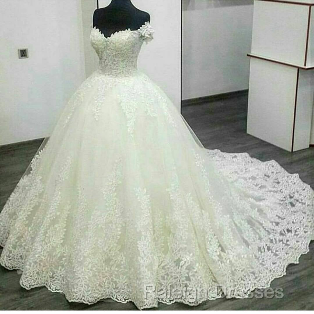 Vintage V-Neck Off The Shoulder Lace Wedding Ball Gown Dresses