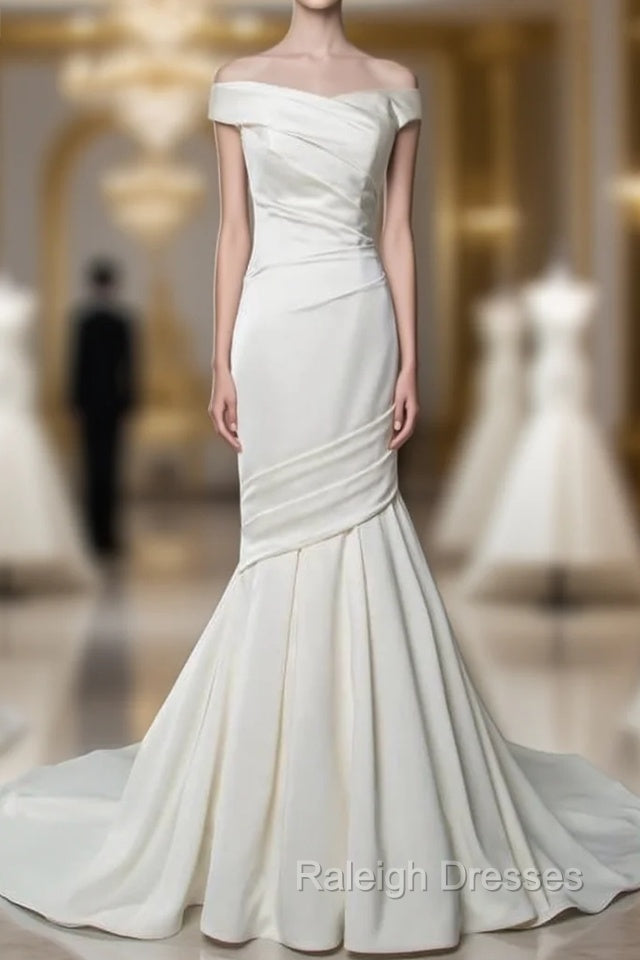 Vintage Wedding Dress Mermaid Off The Shoulder Sleeveless Pleated Satin Fabric With Train Traditional Dresses For Bride Main image