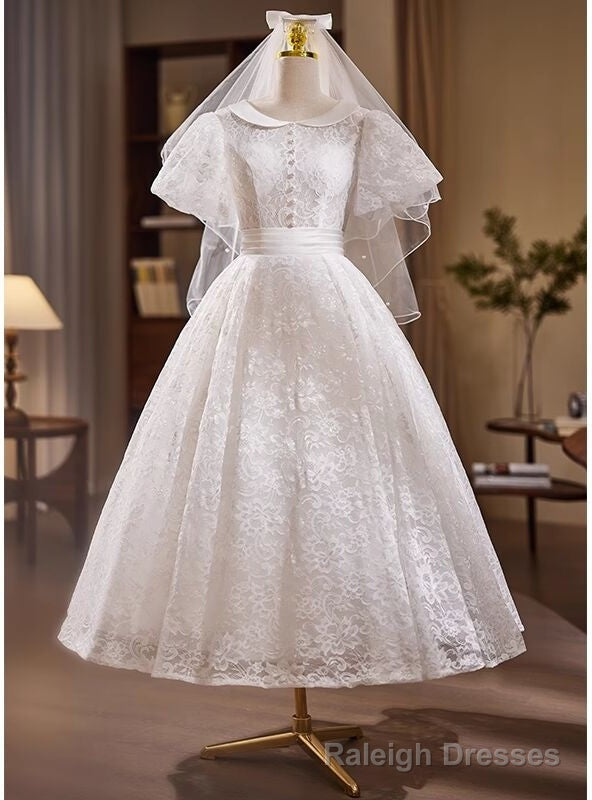 Vintage White Lace Puff Sleeve Wedding Dress Main image