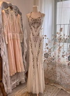 Vintage White Mermaid Halter Neck Beaded Backless Tulle Long Formal Prom Dress