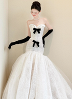 Vintage White Mermaid Sweetheart Neck Bow Lace Tulle Wedding Dress