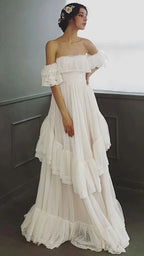 Vintage White Off The Shoulder Dots Ruffle Party Dresses