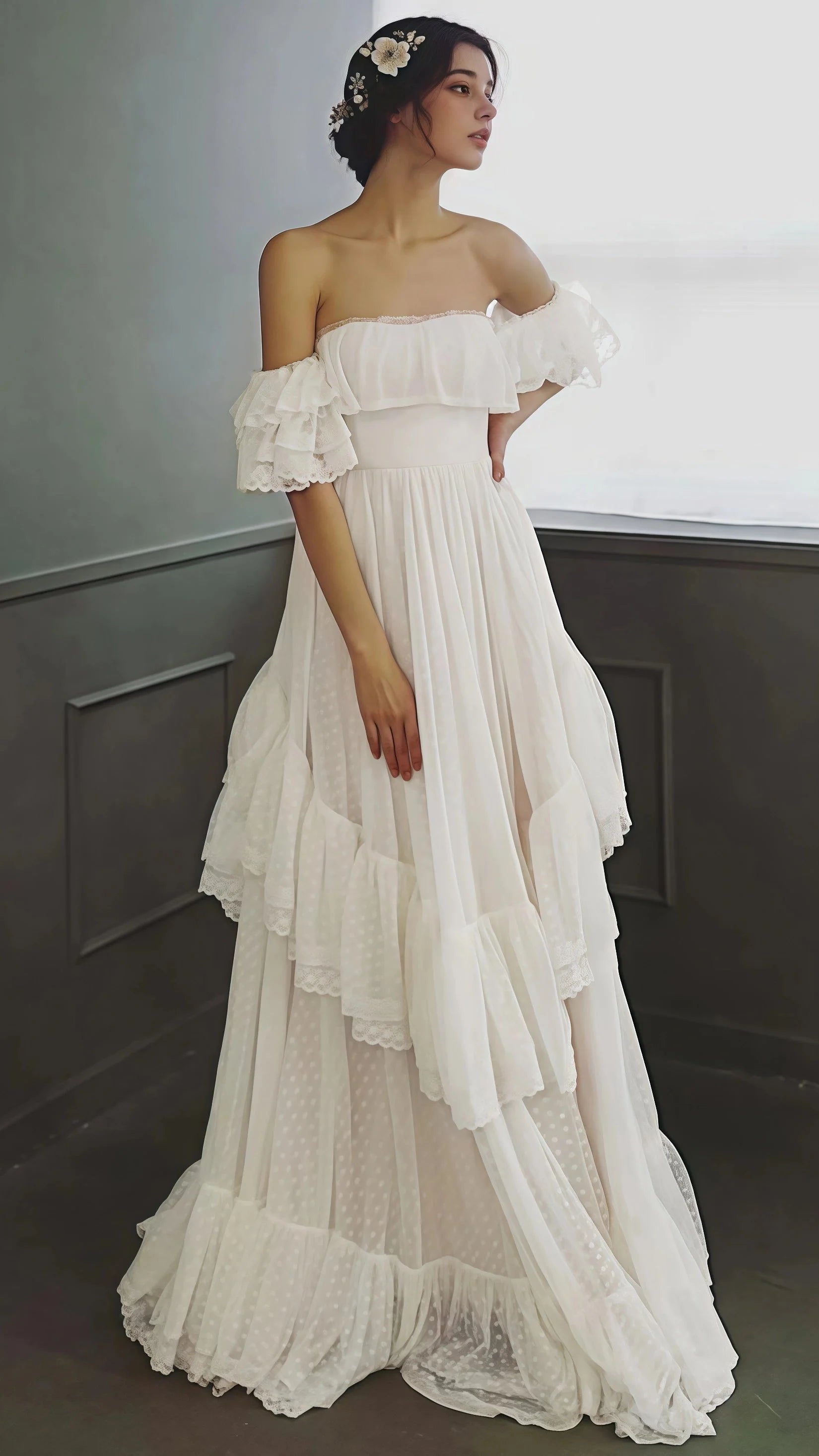 Vintage White Off The Shoulder Dots Ruffle Party Dresses