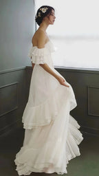 Vintage White Off The Shoulder Dots Ruffle Party Dresses