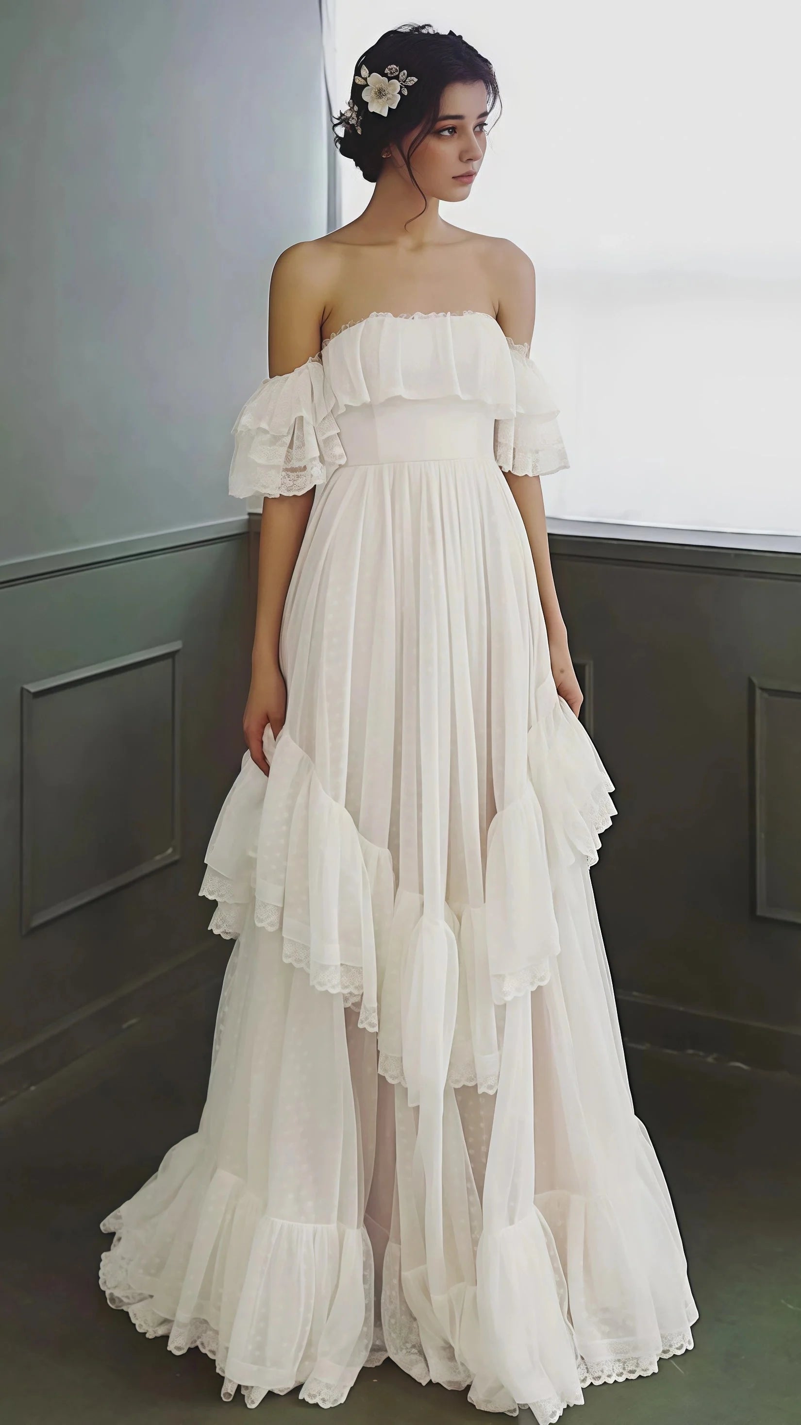 Vintage White Off The Shoulder Dots Ruffle Party Dresses Main image