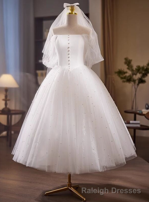 Vintage White Tulle Off the Shoulder Pearls Wedding Dress Main image