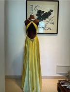 Vintage Yellow Fitted Halter Neck Satin Long Formal Prom Dress Bridesmaid Dress