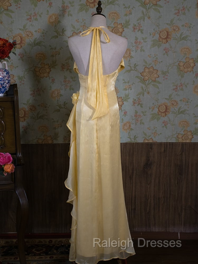 Vintage Yellow Halter Neck Floral Prom Gown Fairy Princess Dress